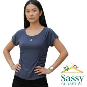 Soft Surroundings Blue Ruched Scoop Neck Top Stretch Cotton Blend M EUC